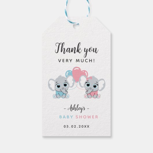 ピンクとブルーの象のベビーシャワー ギフトタグ (裏面)