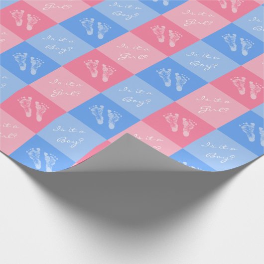 ピンクとブルーの足跡ベビー性別がパーティーを表示 ラッピングペーパー (角)