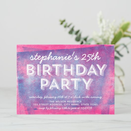 ピンクとブルーの転がインク任意の年齢の誕生日 招待状 (スタンド正面)