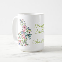 ピンクとブルーの野の花のイースターバニー コーヒーマグカップ