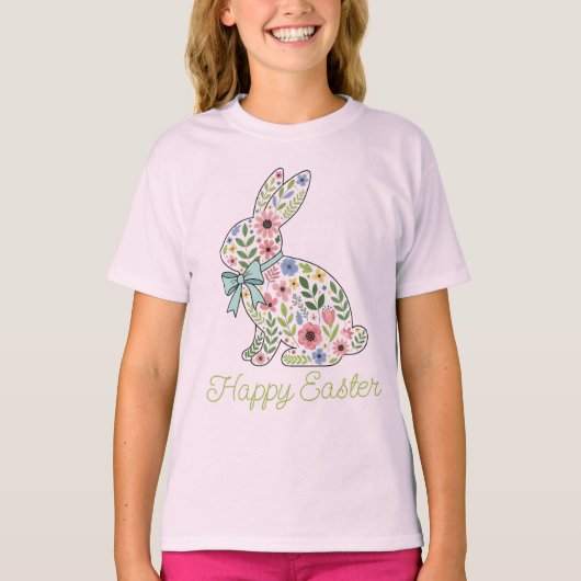 ピンクとブルーの野の花のイースターバニー Tシャツ (正面)