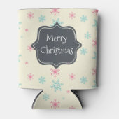 ピンクとブルーの雪が積もった陽気なクリスマス 缶クーラー (正面)