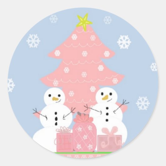 ピンクとブルーの雪だるまのシーン ラウンドシール (正面)