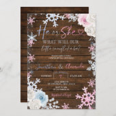 ピンクとブルーの雪片が現れる木の性別 招待状 (正面/裏面)