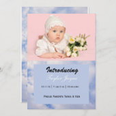 ピンクとブルーの雲の女の子の出産報告 案内状 (正面/裏面)
