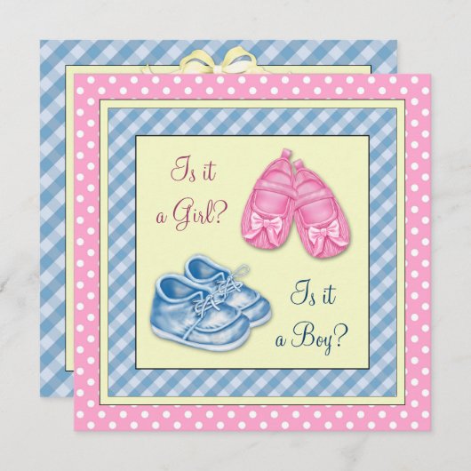 ピンクとブルーの靴の性別が赤ちゃんのシャワーを明らかにする 招待状 (正面/裏面)