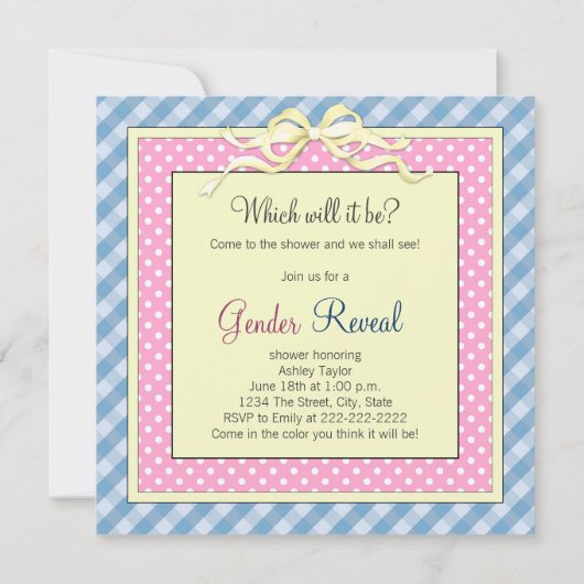 ピンクとブルーの靴の性別が赤ちゃんのシャワーを明らかにする 招待状 (裏面)