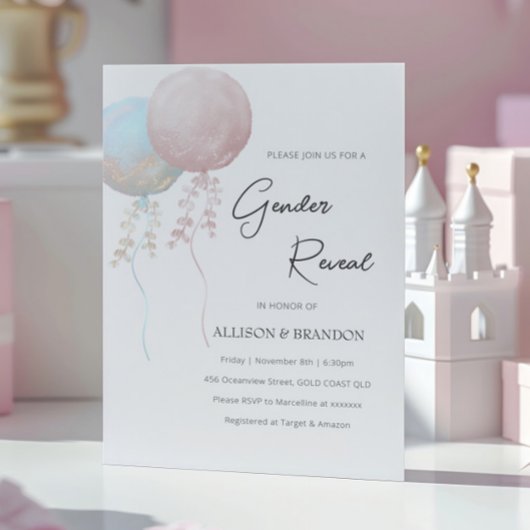 ピンクとブルーの風船 ミニマルな性別発表 招待状