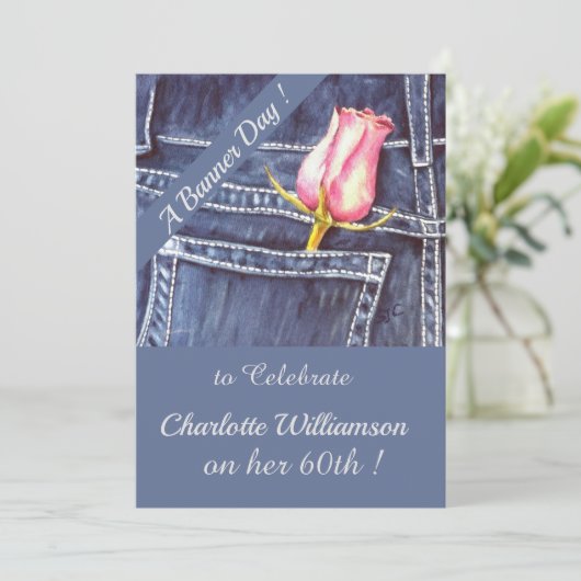 ピンクとブルーデニムウォーターカラーフローラ誕生日 招待状 (スタンド正面)