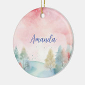 ピンクとブルーフロステッド水彩樹 セラミックオーナメント (左)