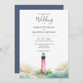 ピンクとブルーライトハウスビーチ先結婚式 招待状 (正面/裏面)