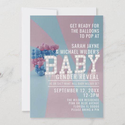 ピンクとブルー彼または彼女の性別明かす招待状 案内状 (正面)