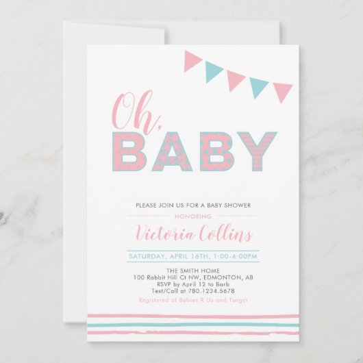ピンクとブルー |タイポグラフィモダンガールベイビーシャワー 招待状 (正面)