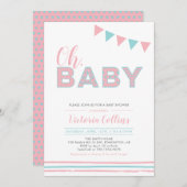 ピンクとブルー |タイポグラフィモダンガールベイビーシャワー 招待状 (正面/裏面)