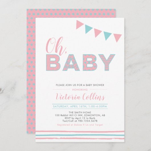 ピンクとブルー |タイポグラフィモダンガールベイビーシャワー 招待状 (正面/裏面)