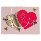 ピンクとブロンズのバラハートバレンタインデー大 ラージペーパーバッグ (正面)