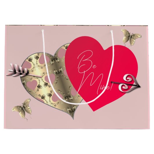 ピンクとブロンズのバラハートバレンタインデー大 ラージペーパーバッグ (正面)