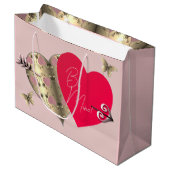ピンクとブロンズのバラハートバレンタインデー大 ラージペーパーバッグ (正面アングル)