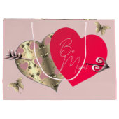 ピンクとブロンズのバラハートバレンタインデー大 ラージペーパーバッグ (裏面)