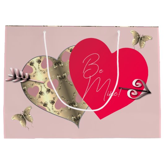 ピンクとブロンズのバラハートバレンタインデー大 ラージペーパーバッグ (裏面)