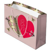 ピンクとブロンズのバラハートバレンタインデー大 ラージペーパーバッグ (裏面アングル)