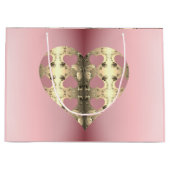 ピンクとブロンズのバラハートバレンタインデー ラージペーパーバッグ (正面)