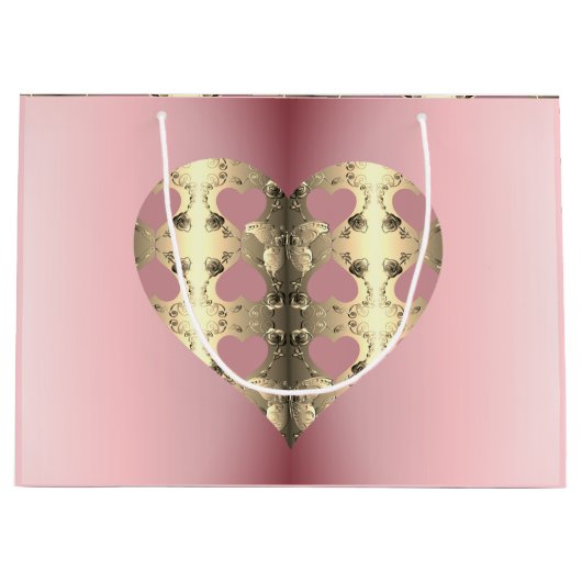 ピンクとブロンズのバラハートバレンタインデー ラージペーパーバッグ (正面)