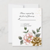 ピンクとブロンズの水彩牡丹の返信カード 出欠カード (正面)