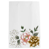 ピンクとブロンズの牡丹の花と紙吹雪の点 ミディアムペーパーバッグ (裏面)