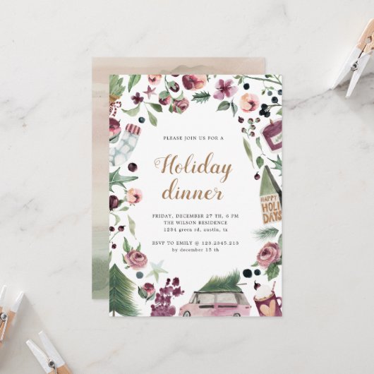 ピンクとプラムのモダン休日のディナー カード (正面/裏面インサイチュ)