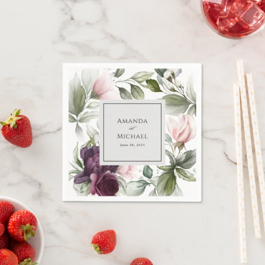 ピンクとプラムの植物性チャーム結婚ズ スタンダードカクテルナプキン (インサイチュ)