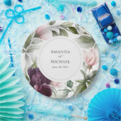 ピンクとプラムの水彩植物性チャーム結婚ズ ペーパープレート (パーティー)