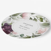 ピンクとプラムの水彩植物性チャーム結婚ズ ペーパープレート (アングル)