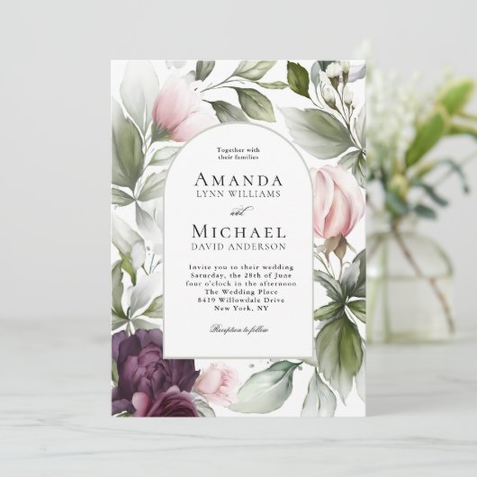 ピンクとプラムの水彩植物性チャーム結婚ズ 招待状 (スタンド正面)