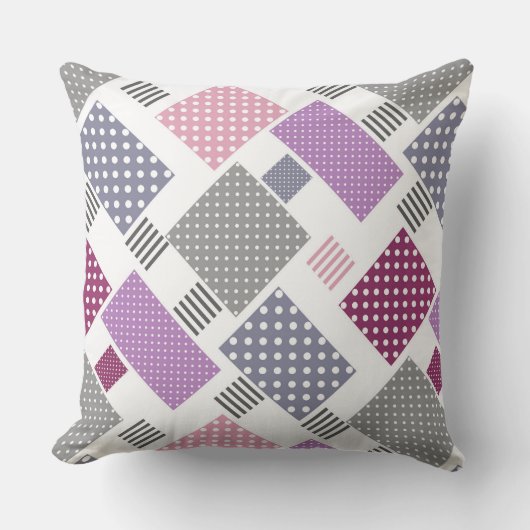 ピンクとプラムの水玉模様ストライプとプラムのパッチワーク クッション (正面)
