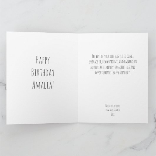 ピンクとプレゼントと風船のラウンドフォト カード (内部)