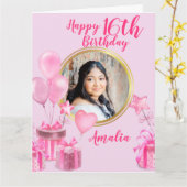 ピンクとプレゼントと風船のラウンドフォト カード (黄色い花)