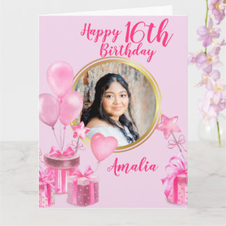 ピンクとプレゼントと風船のラウンドフォト カード