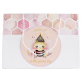 ピンクとベージュのハニカムパターンの水色 ラージペーパーバッグ (正面)