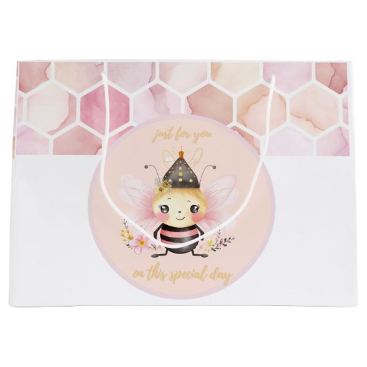 ピンクとベージュのハニカムパターンの水色 ラージペーパーバッグ (正面)