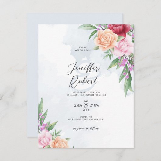 ピンクとベージュのバラフレーム サンキューカード (正面/裏面)