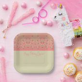 ピンクとベージュのフローラアクセント付き正方形 ペーパープレート (パーティー)