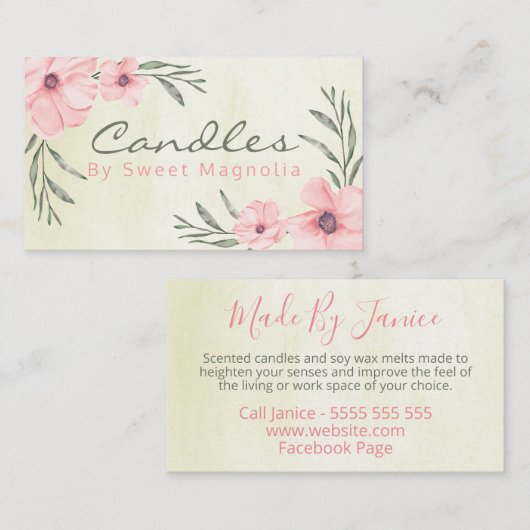 ピンクとベージュのフローラ手作りキャンドルソイワックスのメルト 名刺 (正面/裏面)