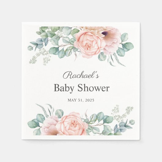 ピンクとベージュの水カラーフローラベビーシャワー スタンダードカクテルナプキン (正面)