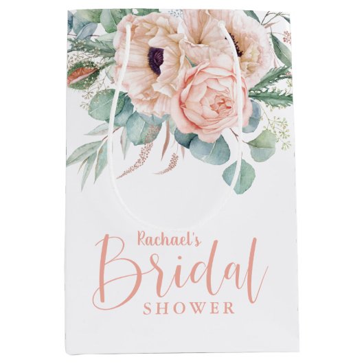 ピンクとベージュの水彩花のブライダルシャワー ミディアムペーパーバッグ (正面)
