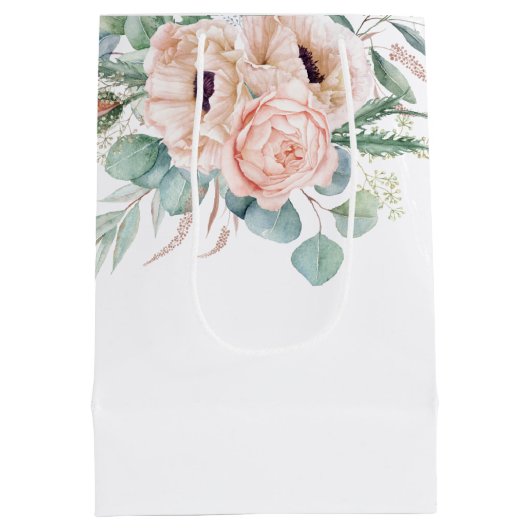 ピンクとベージュの水彩花のブライダルシャワー ミディアムペーパーバッグ (裏面)