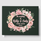 ピンクとベージュの花の楕円形の緑結婚色 ゲストブック (正面)