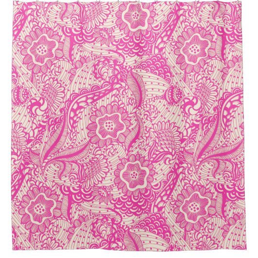 ピンクとベージュの花葉と シャワーカーテン (正面)