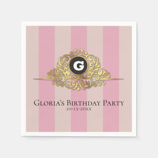 ピンクとベージュの金ゴールドモノグラムエレガントナプキン スタンダードカクテルナプキン (正面)