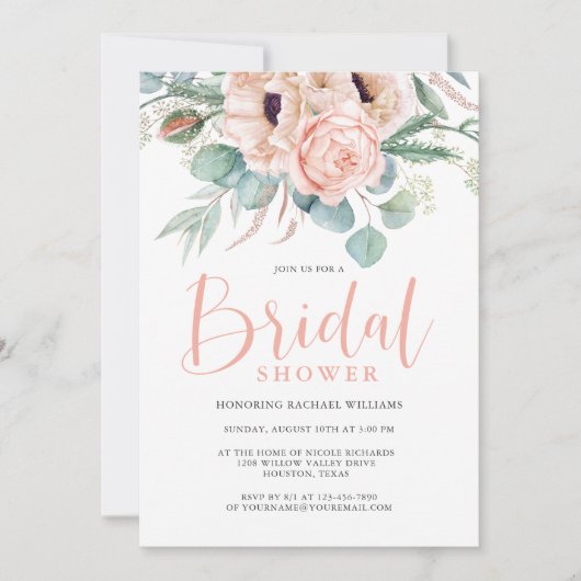 ピンクとベージュウォーターのカラーフローラブライダルシャワー 招待状 (正面)